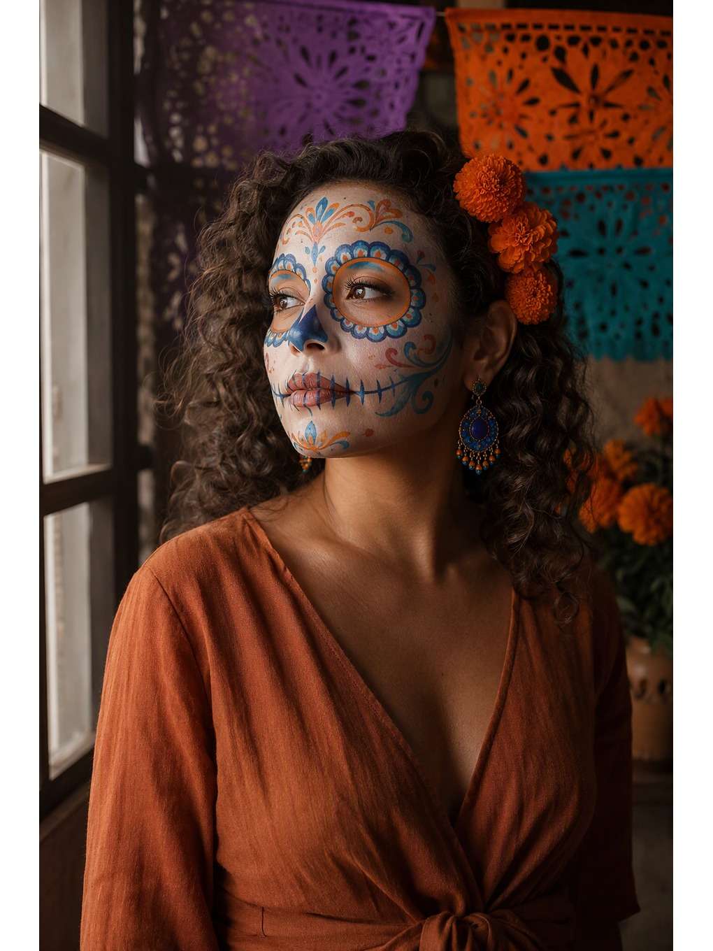 caveira colorida: janela e papel recortado - exemplo de prompts de maquiagem de caveira mexicana para fotos