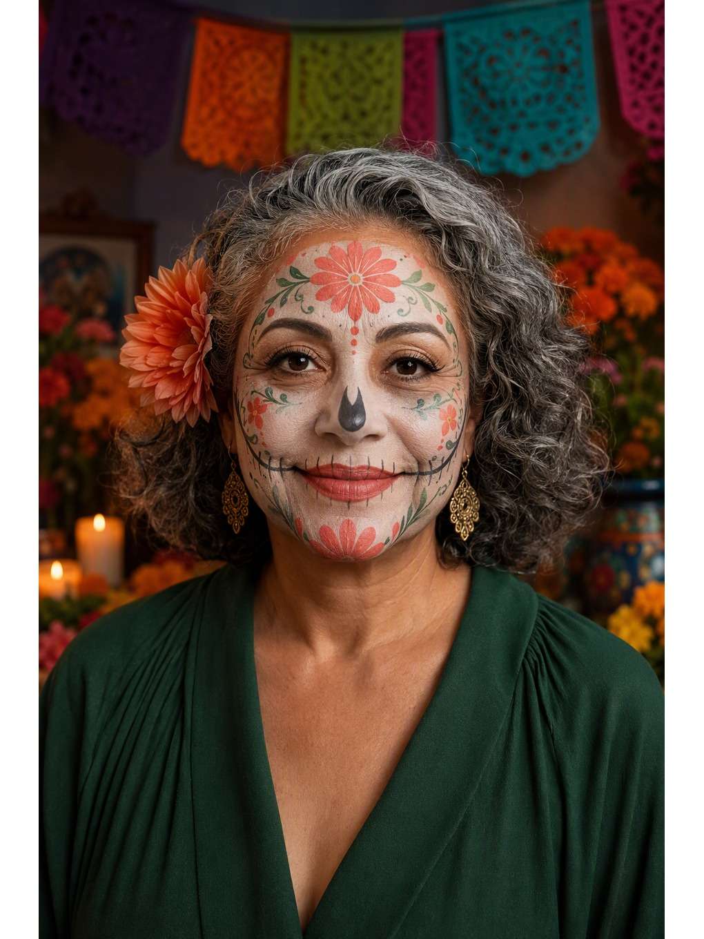 caveira delicada: celebração em família - exemplo de prompts de maquiagem de caveira mexicana para fotos