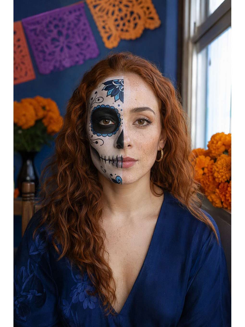meio rosto: azul e janela - exemplo de prompts de maquiagem de caveira mexicana para fotos