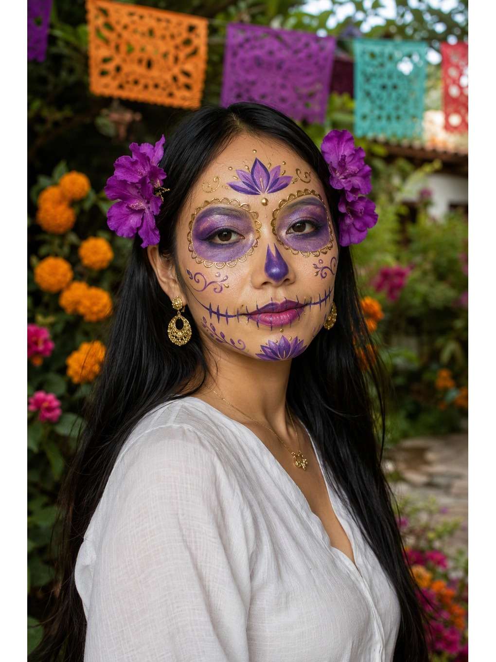 flores violetas: passeio no quintal - exemplo de prompts de maquiagem de caveira mexicana para fotos