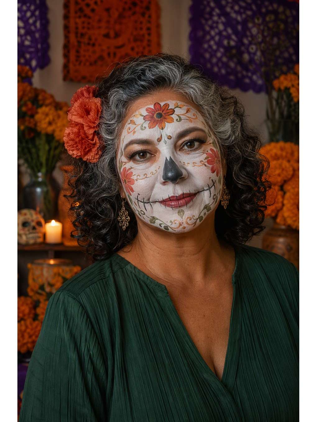 caveira delicada: retrato de celebração - exemplo de prompts de maquiagem de caveira mexicana para fotos