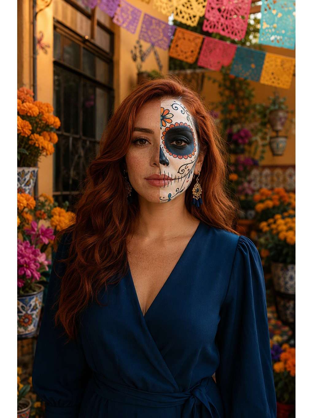 meio rosto: jardim de flores - exemplo de prompts de maquiagem de caveira mexicana para fotos