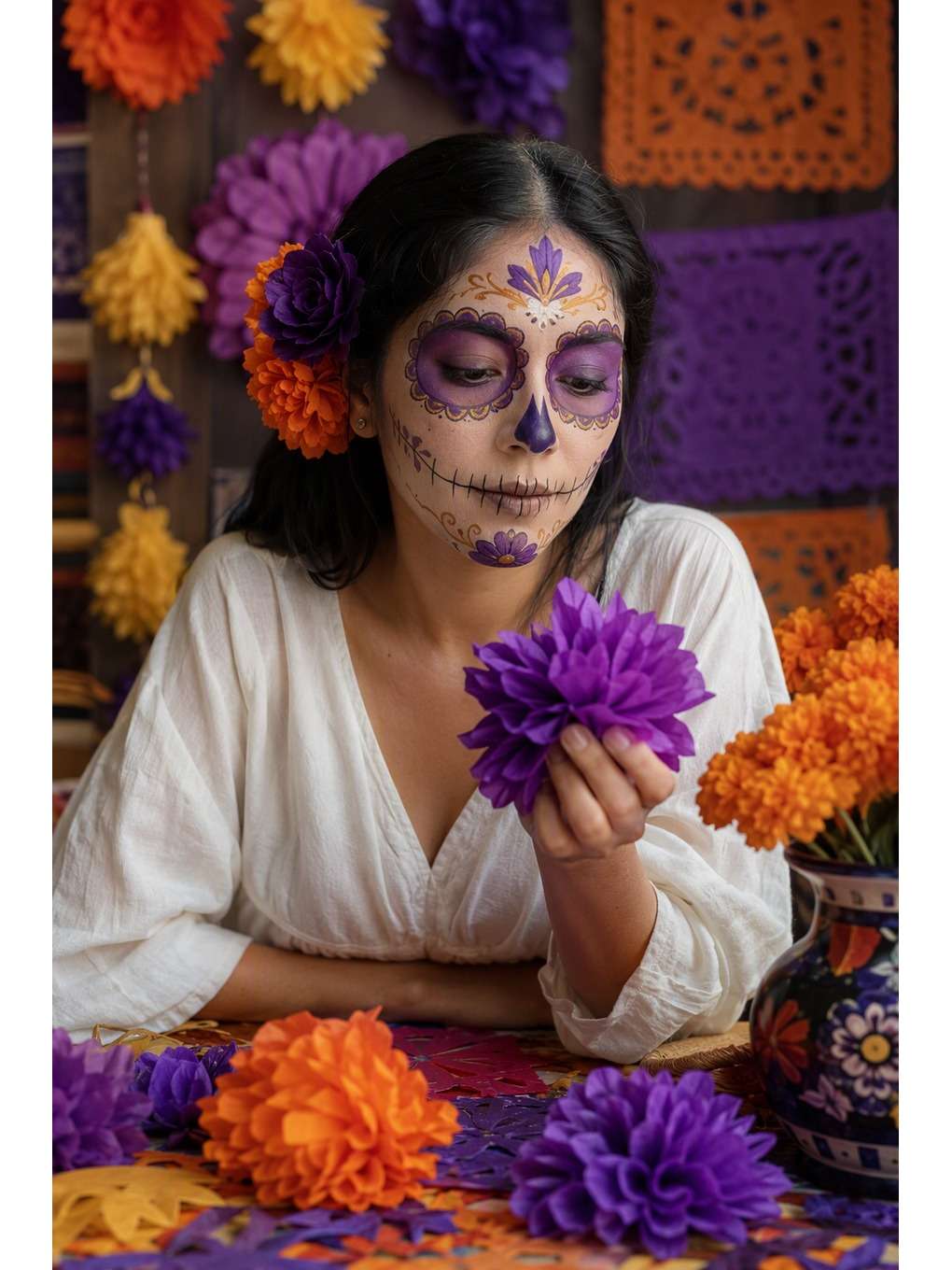 flores violetas: ateliê artesanal - exemplo de prompts de maquiagem de caveira mexicana para fotos