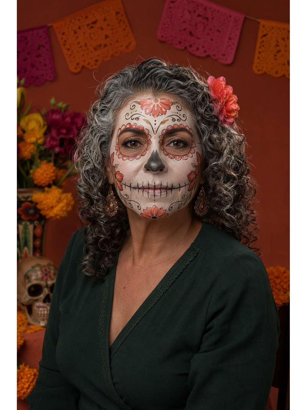 caveira delicada: retrato terracota - exemplo de prompts de maquiagem de caveira mexicana para fotos
