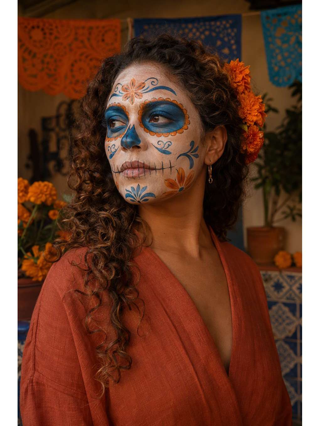 caveira colorida: pátio de azulejos - exemplo de prompts de maquiagem de caveira mexicana para fotos