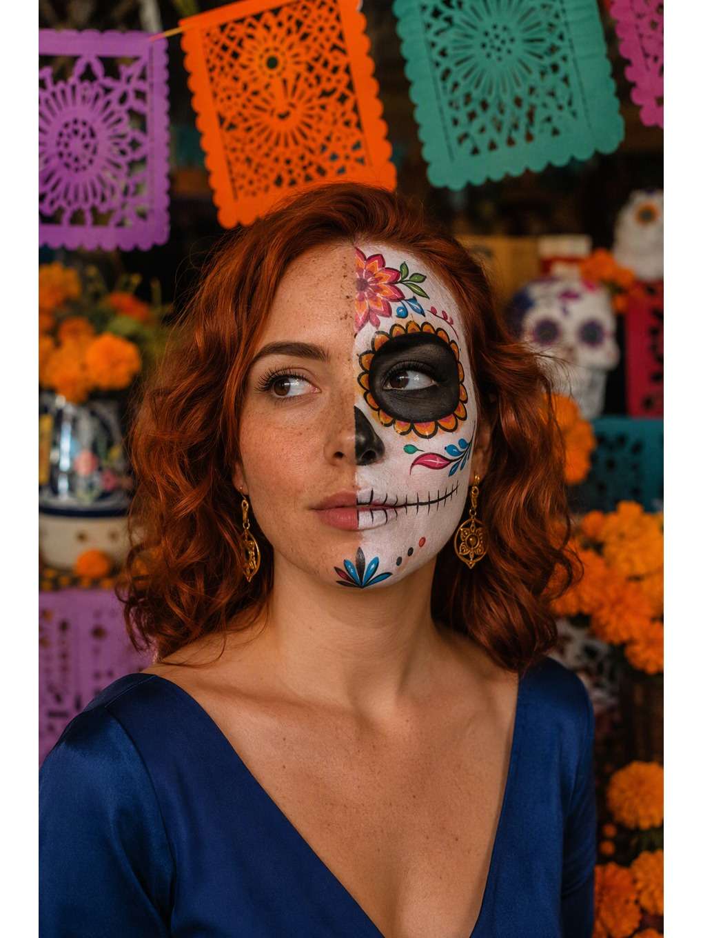 meio rosto: encontro cultural - exemplo de prompts de maquiagem de caveira mexicana para fotos