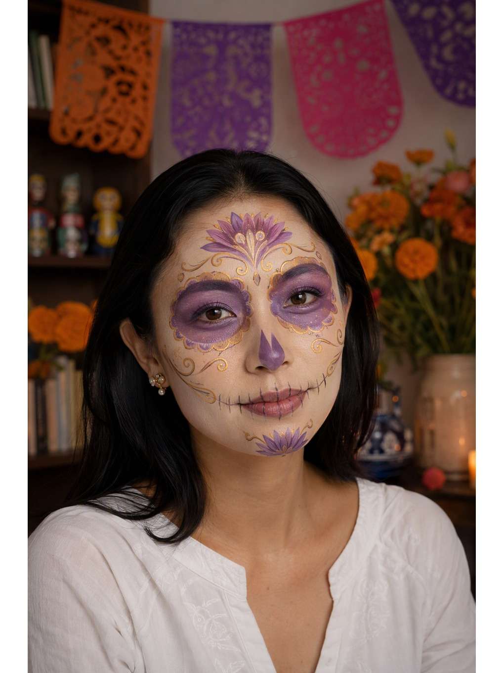 flores violetas: flores e livros - exemplo de prompts de maquiagem de caveira mexicana para fotos