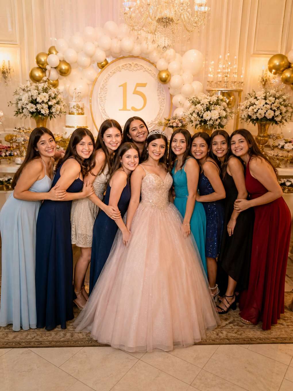 salão clássico - exemplo de prompts para fotos com amigas nos 15 anos