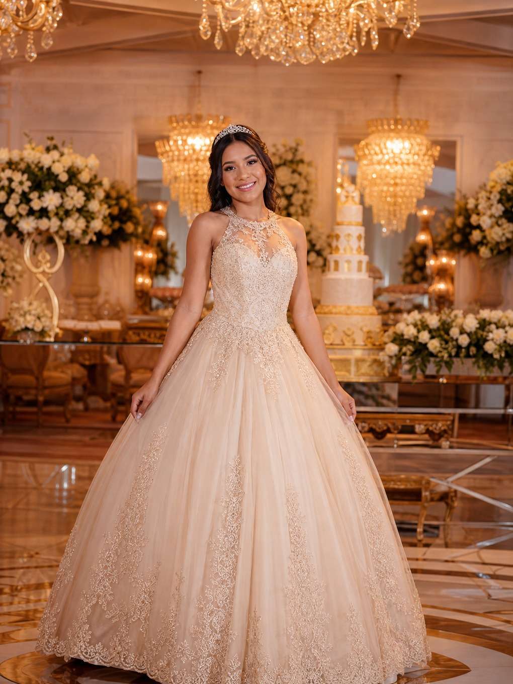salão clássico - exemplo de prompts para fotos com vestido de debutante