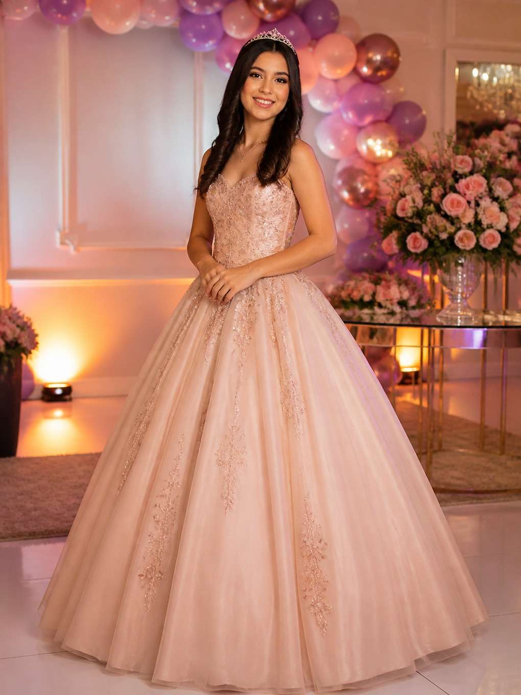 balões elegantes - exemplo de prompts para fotos com vestido de debutante