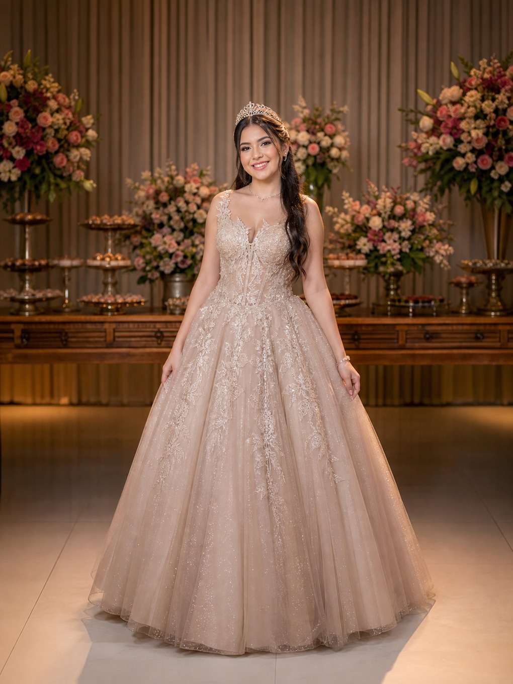 editorial moderno - exemplo de prompts para fotos com vestido de debutante