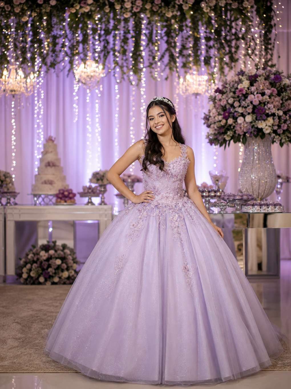 paleta lilás - exemplo de prompts para fotos com vestido de debutante