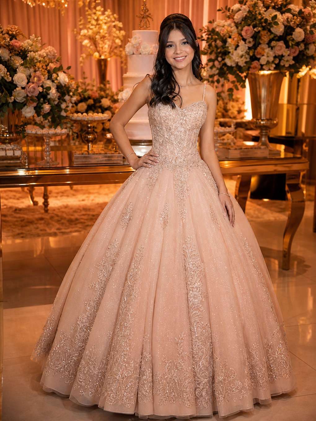 paleta rosé - exemplo de prompts para fotos com vestido de debutante