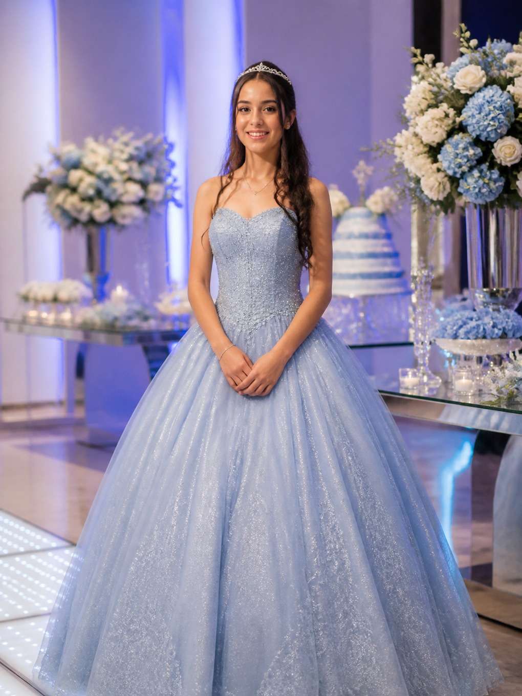 azul serenity - exemplo de prompts para fotos com vestido de debutante