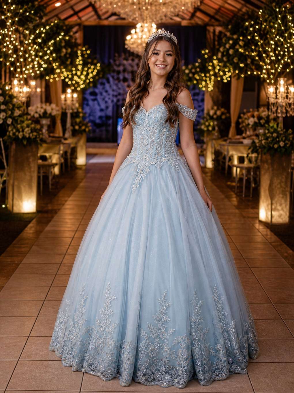 corredor de luzes - exemplo de prompts para fotos com vestido de debutante