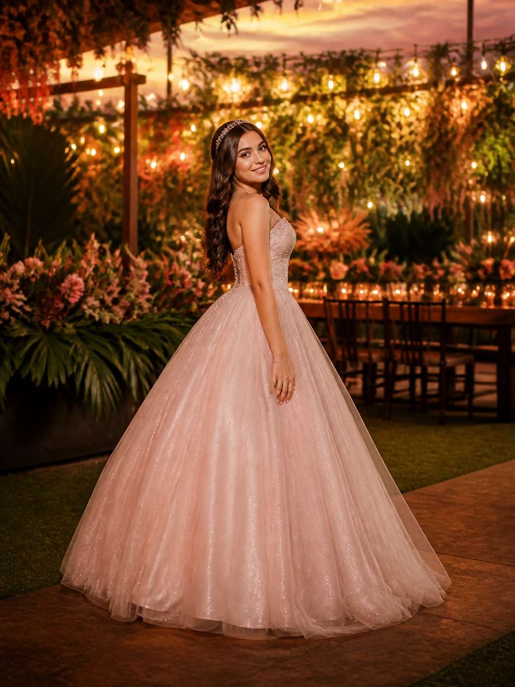 jardim iluminado - exemplo de prompts para fotos com vestido de debutante