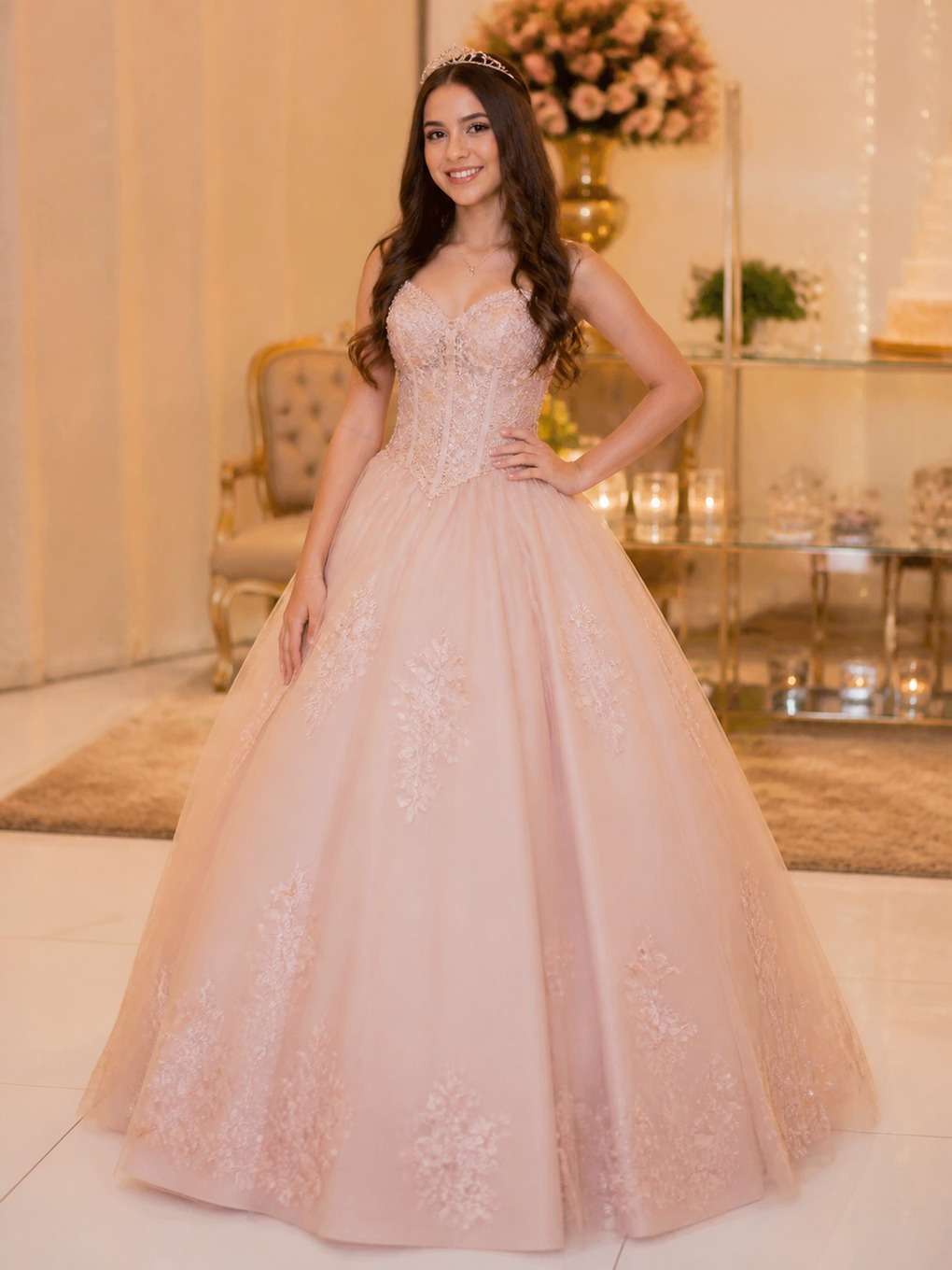 detalhes de princesa moderna - exemplo de prompts para fotos com vestido de debutante