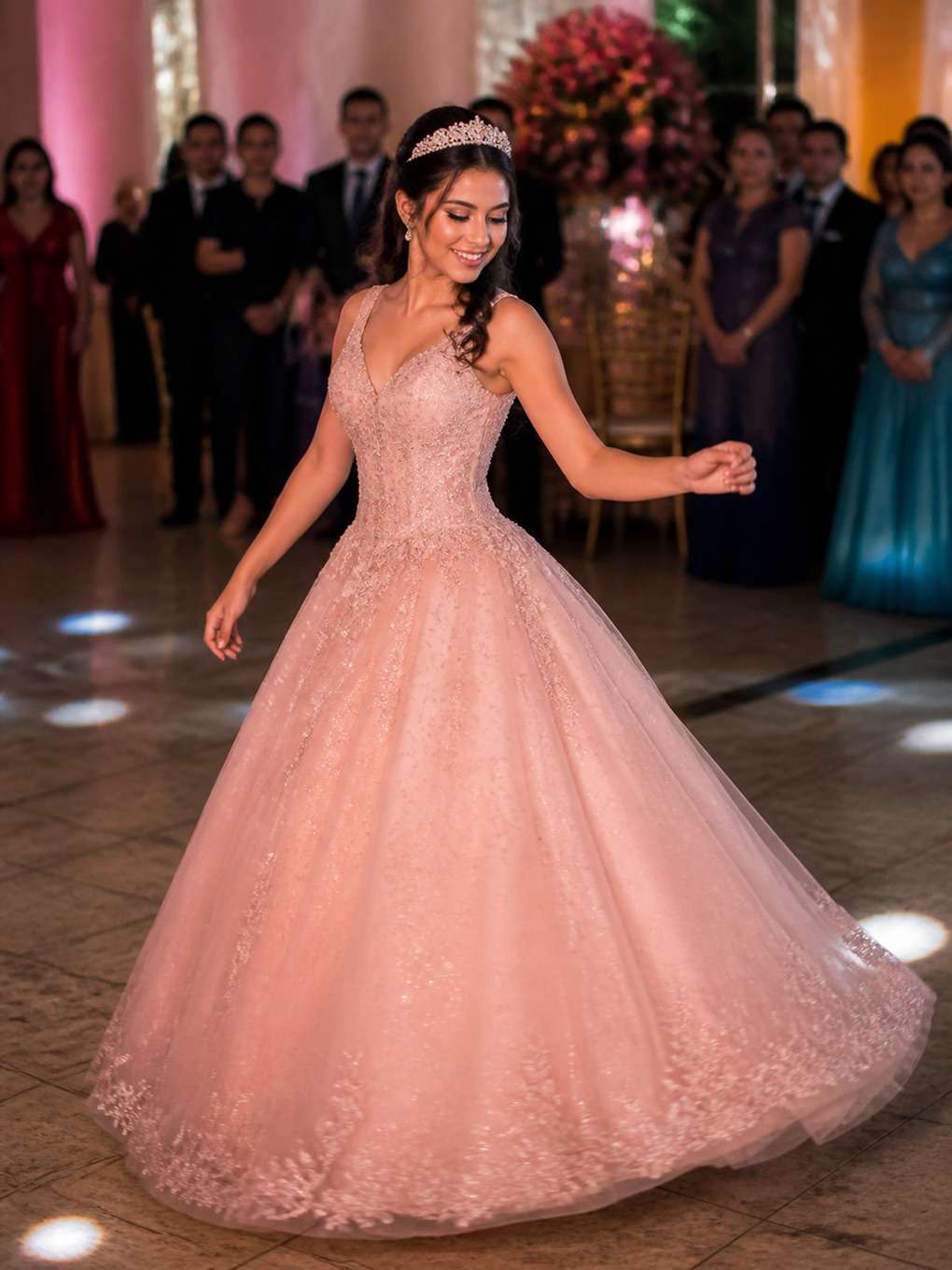 dança com família - exemplo de prompts para fotos com vestido de debutante