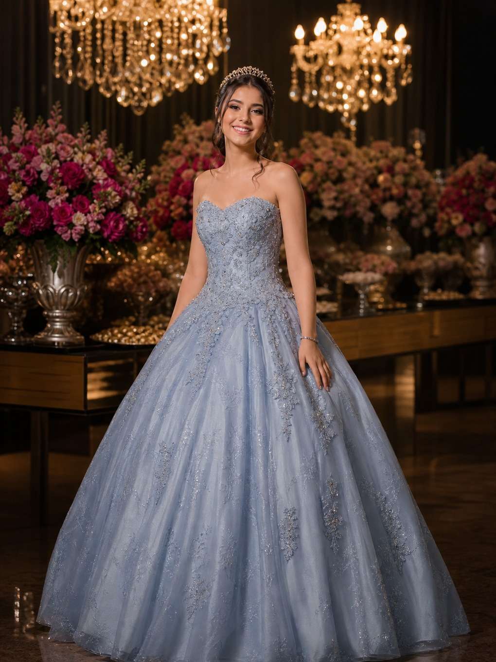 álbum premium - exemplo de prompts para fotos com vestido de debutante
