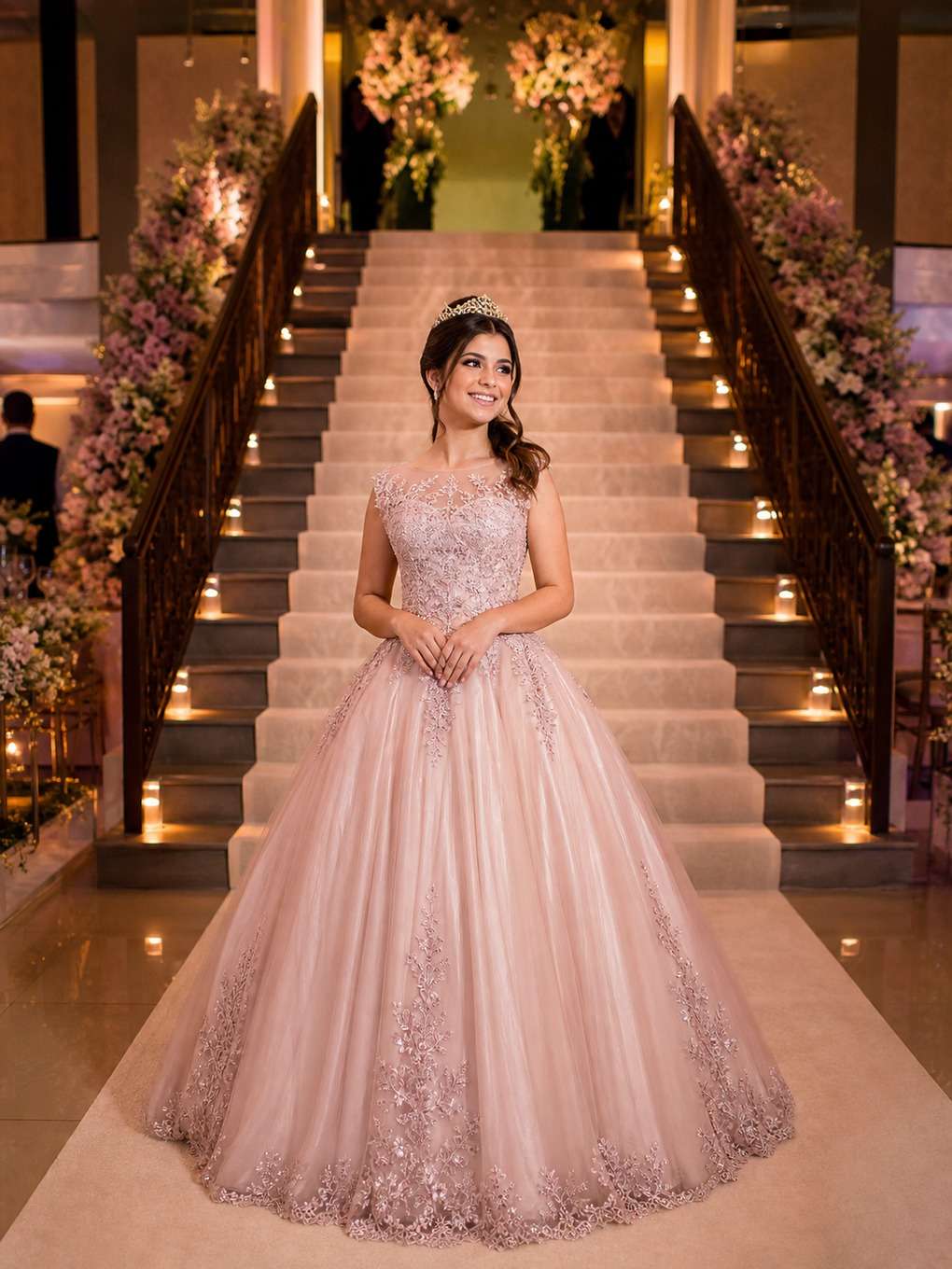 escadaria de festa - exemplo de prompts para fotos com vestido de debutante