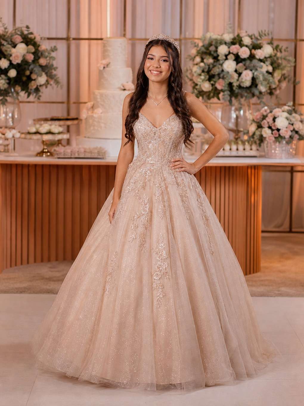 mesa do bolo - exemplo de prompts para fotos com vestido de debutante