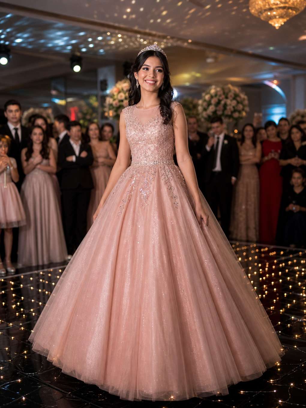 pista de dança - exemplo de prompts para fotos com vestido de debutante