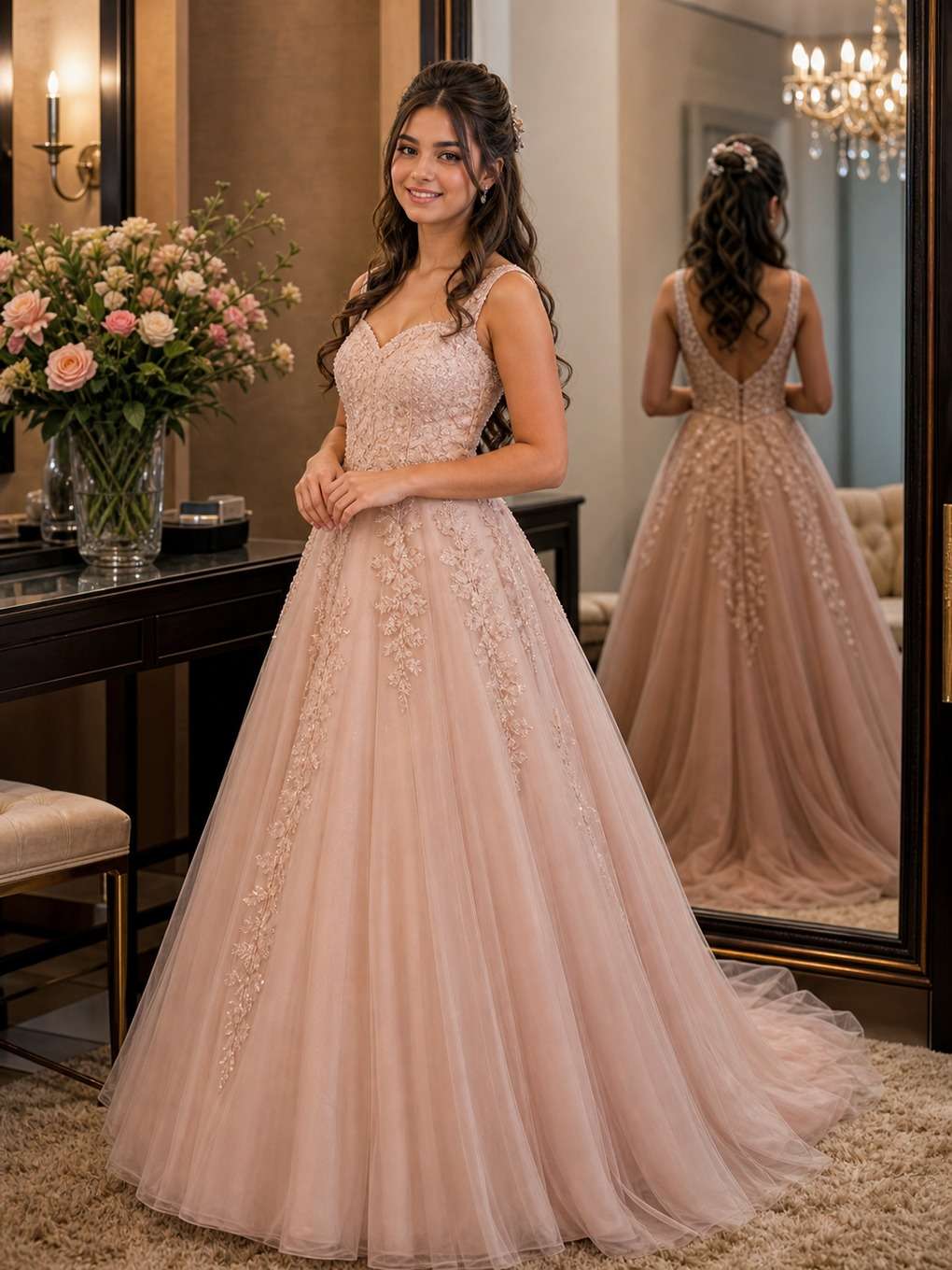 retrato no espelho - exemplo de prompts para fotos com vestido de debutante