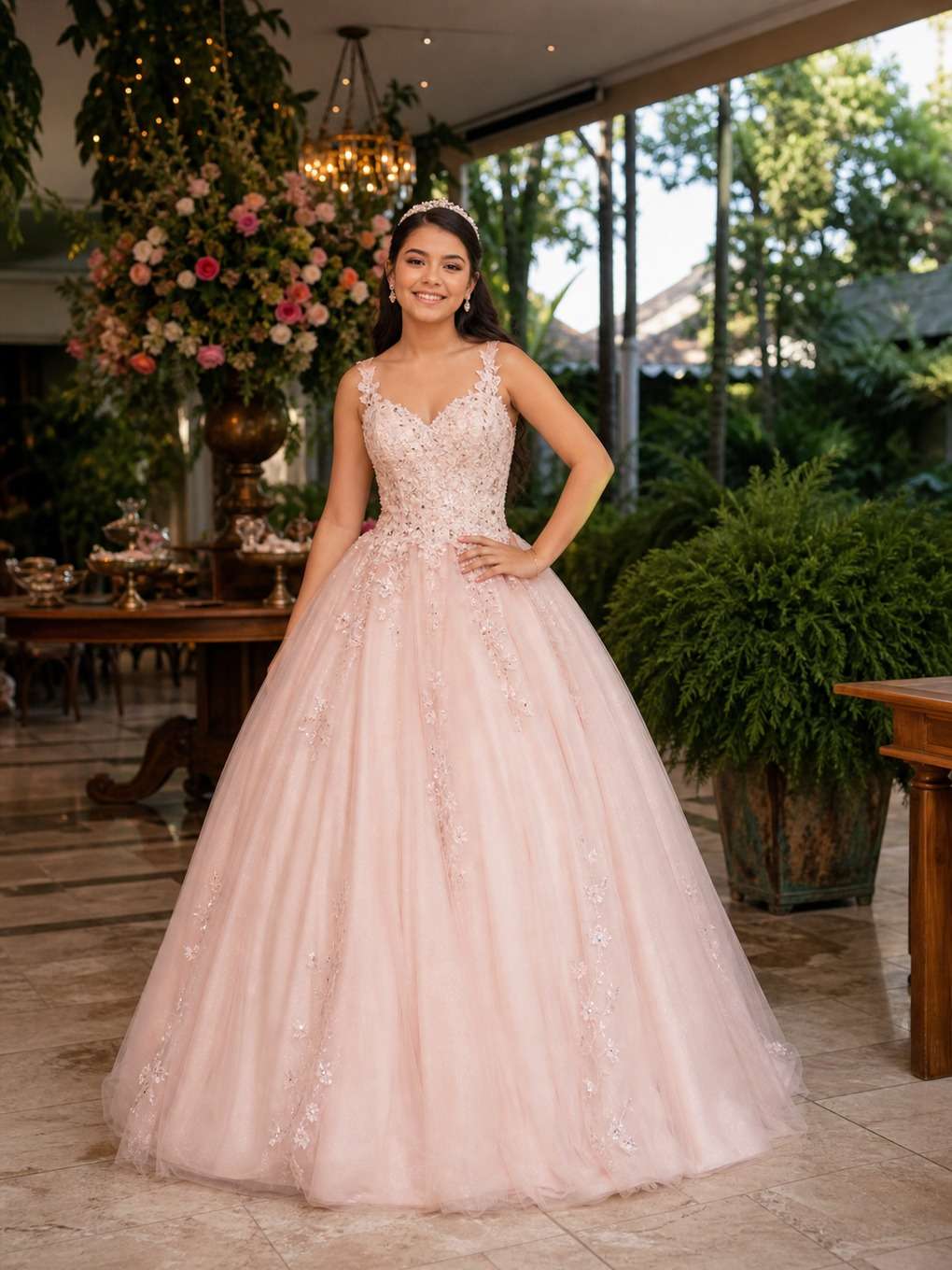 varanda do buffet - exemplo de prompts para fotos com vestido de debutante