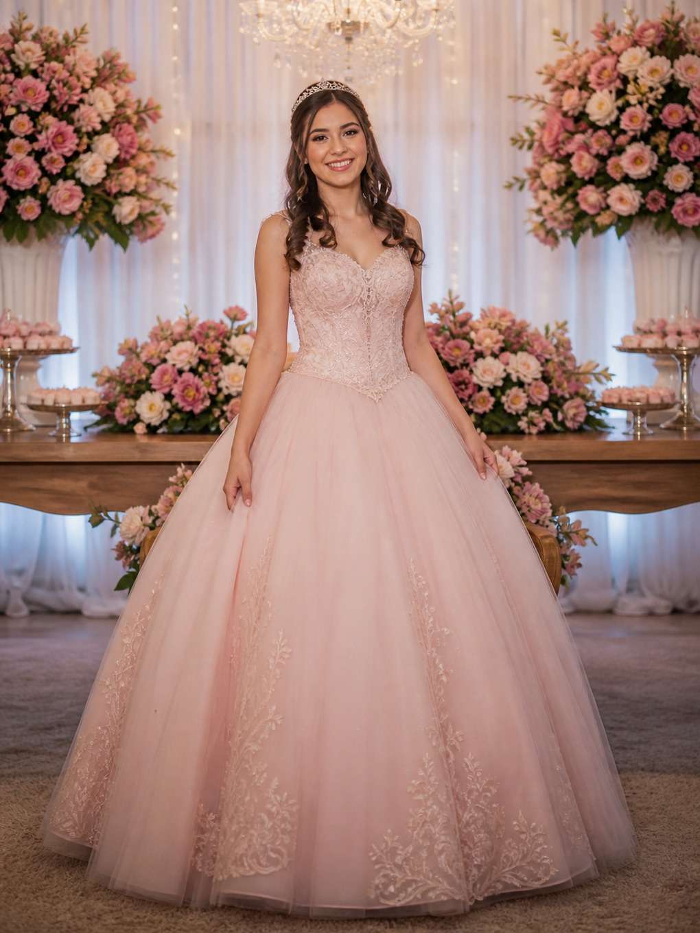 fundo floral - exemplo de prompts para fotos com vestido de debutante