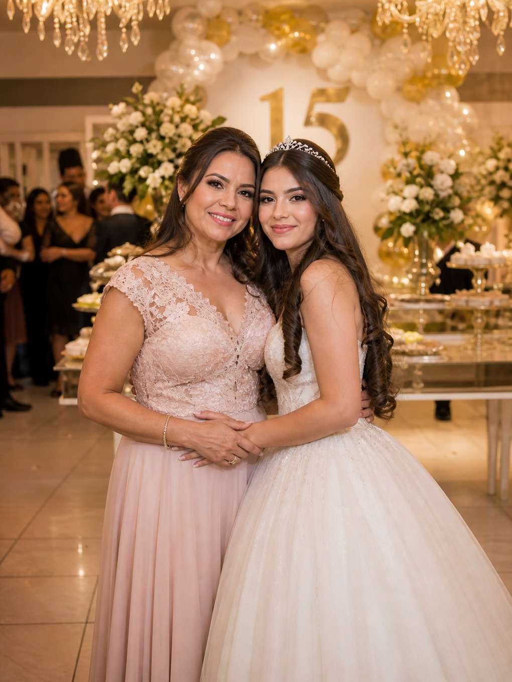 salão clássico - exemplo de prompts para fotos de mãe e filha nos 15 anos