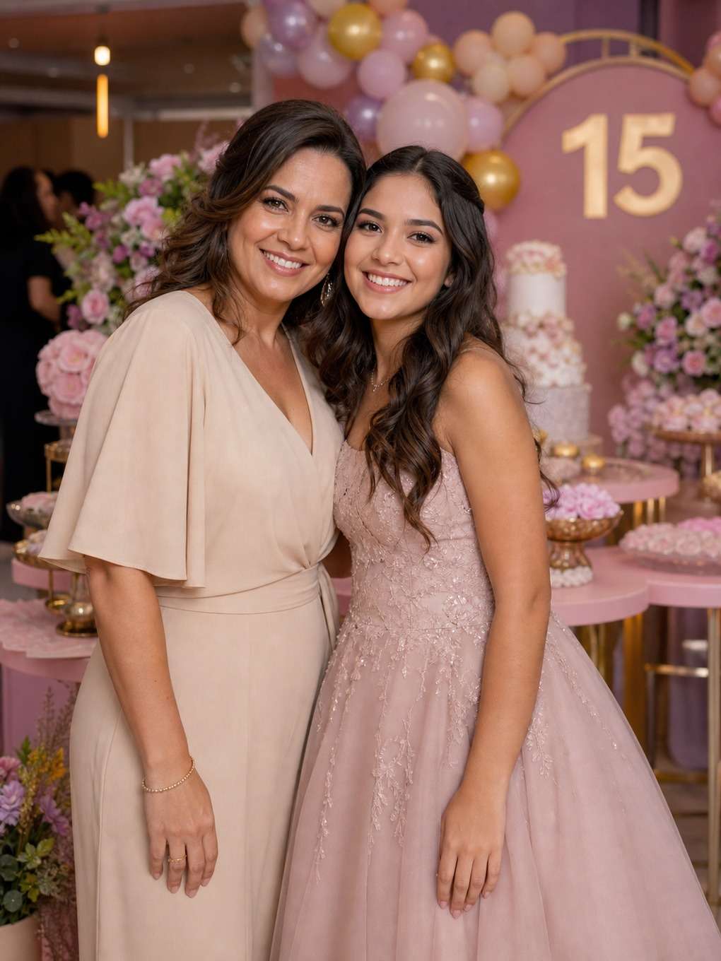 balões elegantes - exemplo de prompts para fotos de mãe e filha nos 15 anos