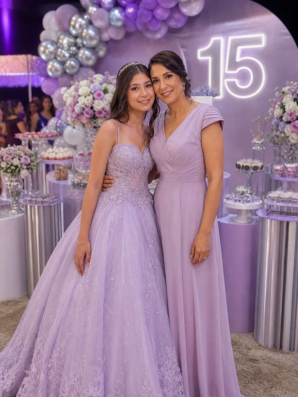 paleta lilás - exemplo de prompts para fotos de mãe e filha nos 15 anos
