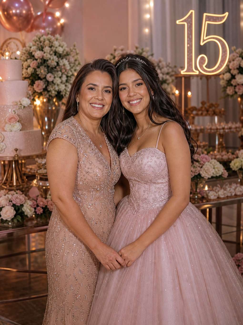 paleta rosé - exemplo de prompts para fotos de mãe e filha nos 15 anos
