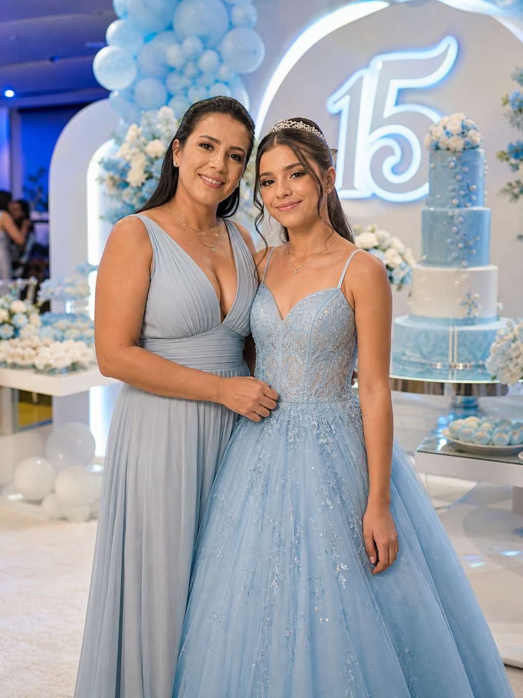 azul serenity - exemplo de prompts para fotos de mãe e filha nos 15 anos