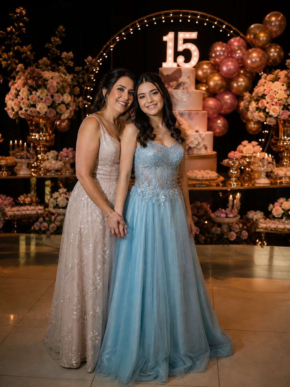 corredor de luzes - exemplo de prompts para fotos de mãe e filha nos 15 anos