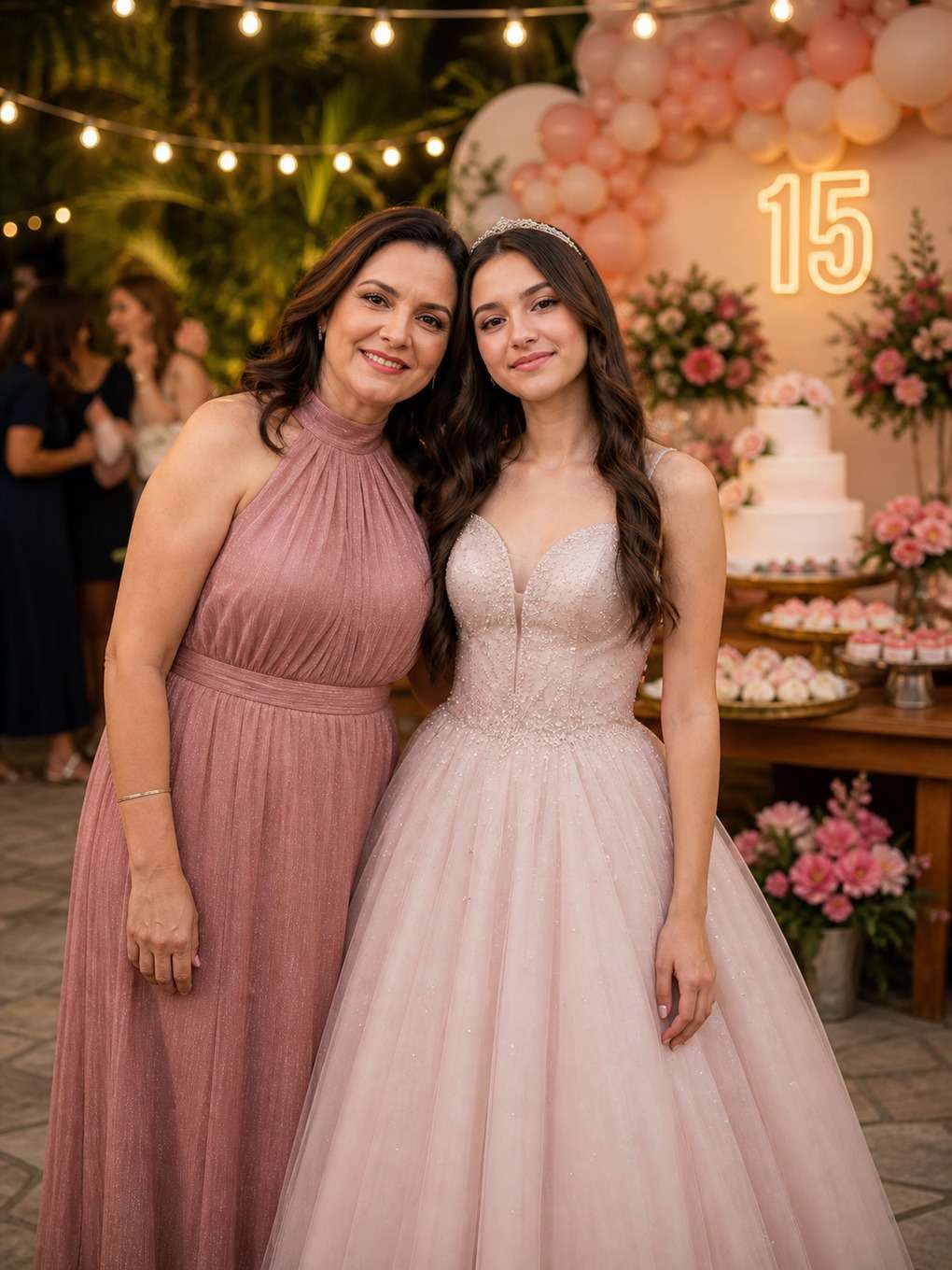 jardim iluminado - exemplo de prompts para fotos de mãe e filha nos 15 anos