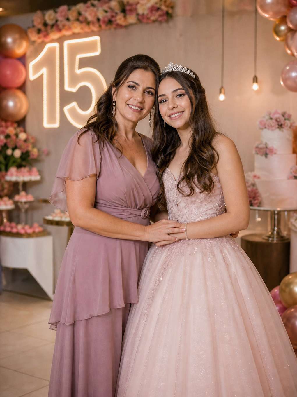 detalhes de princesa moderna - exemplo de prompts para fotos de mãe e filha nos 15 anos
