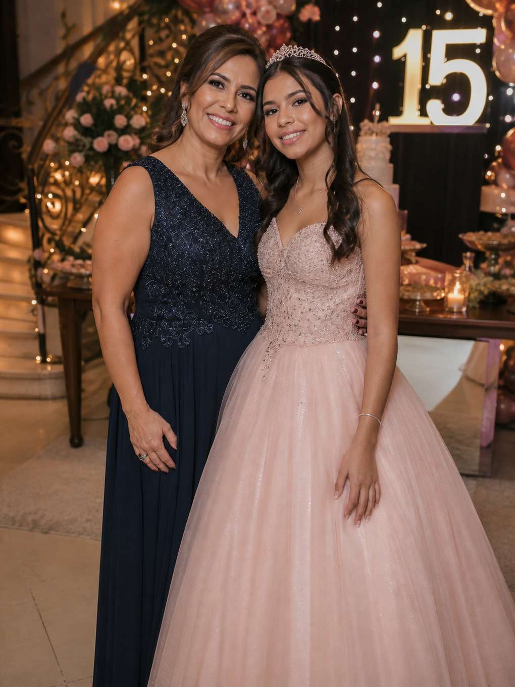 escadaria de festa - exemplo de prompts para fotos de mãe e filha nos 15 anos