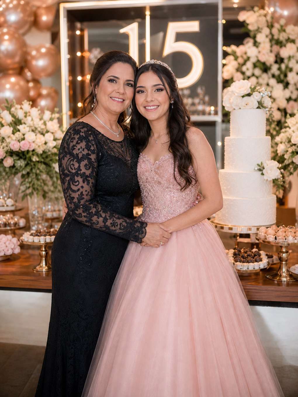 mesa do bolo - exemplo de prompts para fotos de mãe e filha nos 15 anos