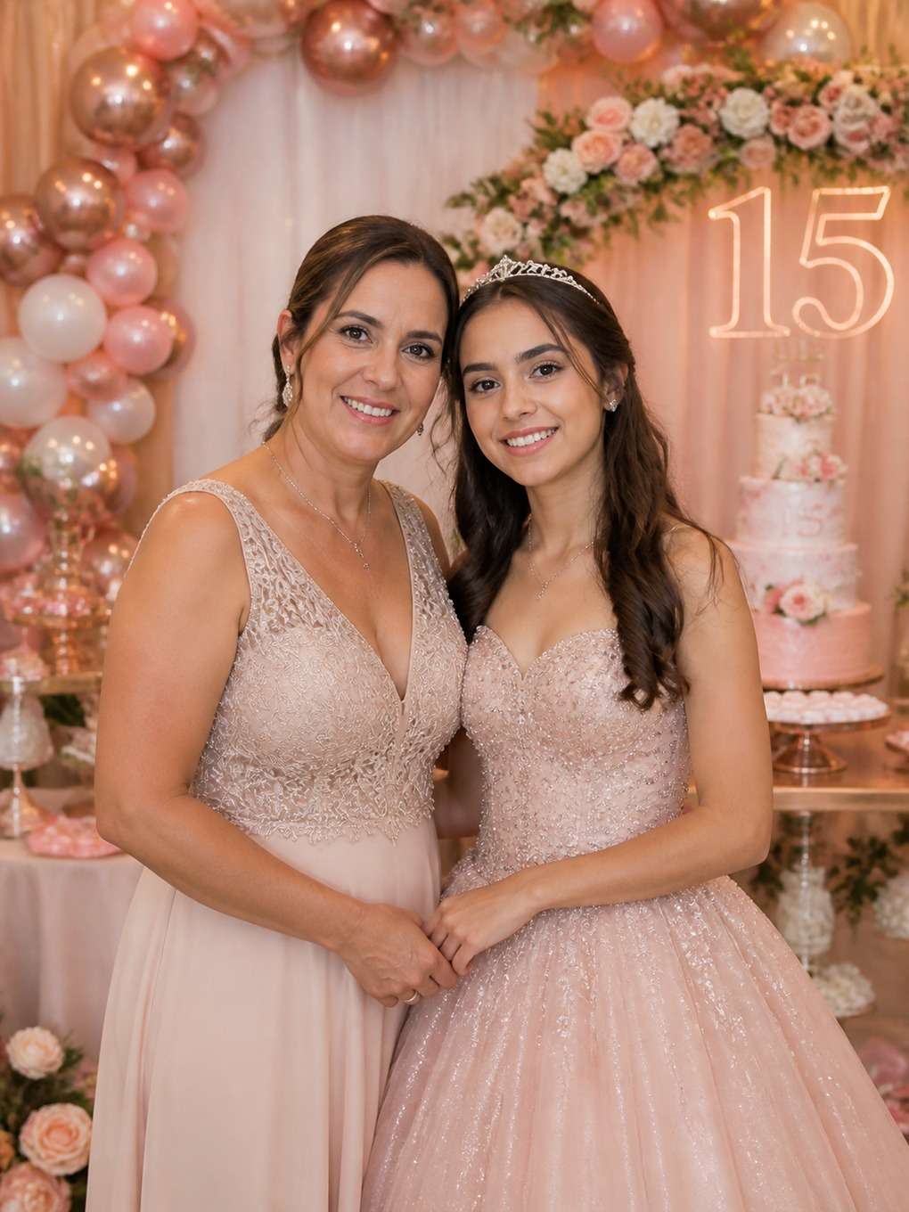 fundo floral - exemplo de prompts para fotos de mãe e filha nos 15 anos