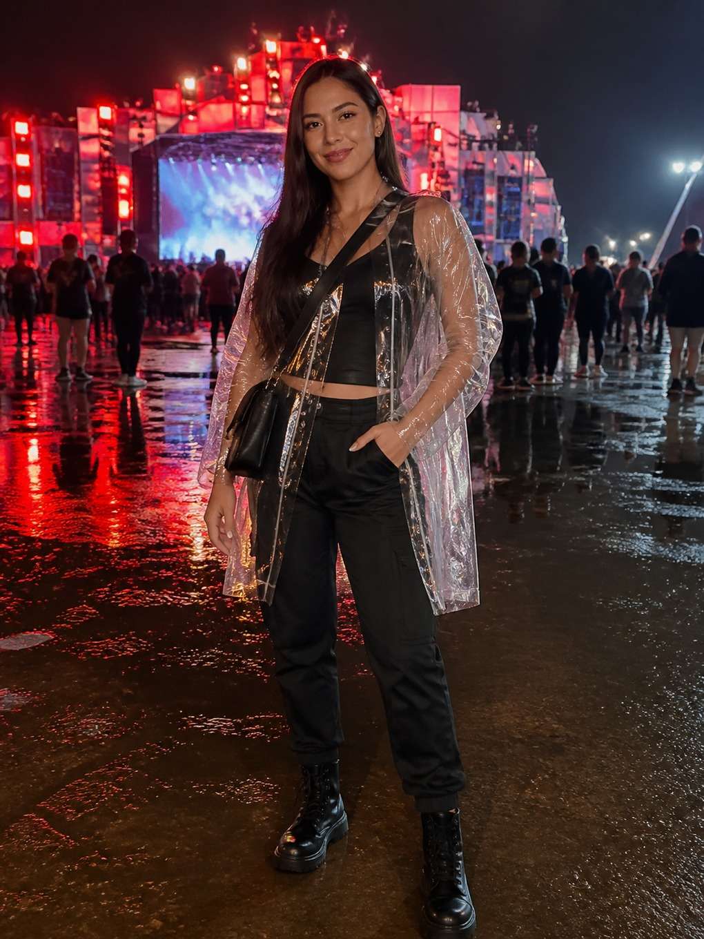 look com capa de chuva estilosa - exemplo de prompts para look rock in rio