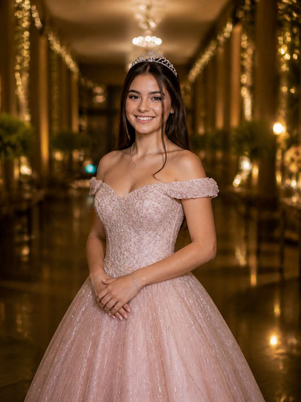 corredor de luzes - exemplo de prompts para maquiagem de debutante