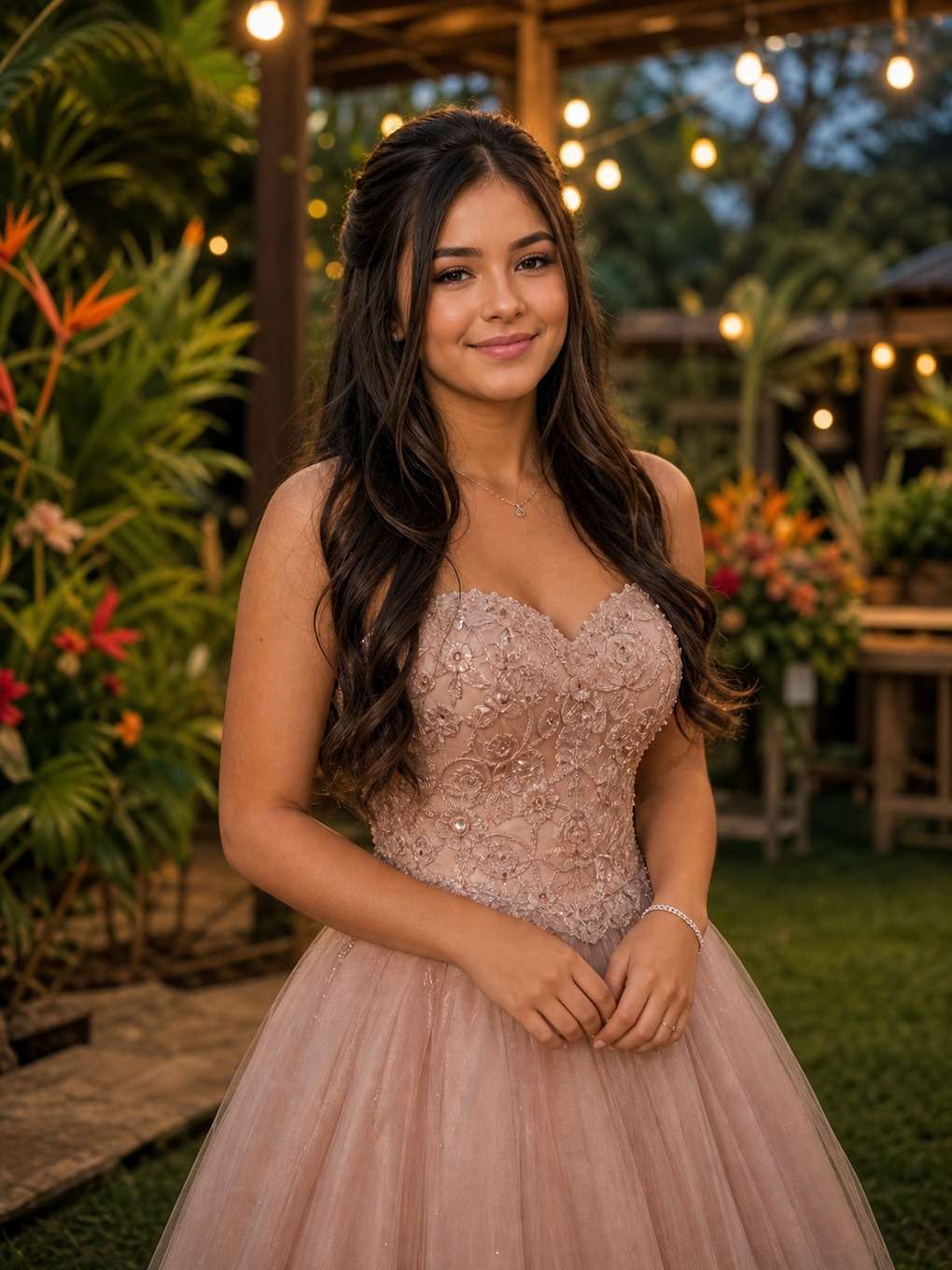 jardim iluminado - exemplo de prompts para maquiagem de debutante