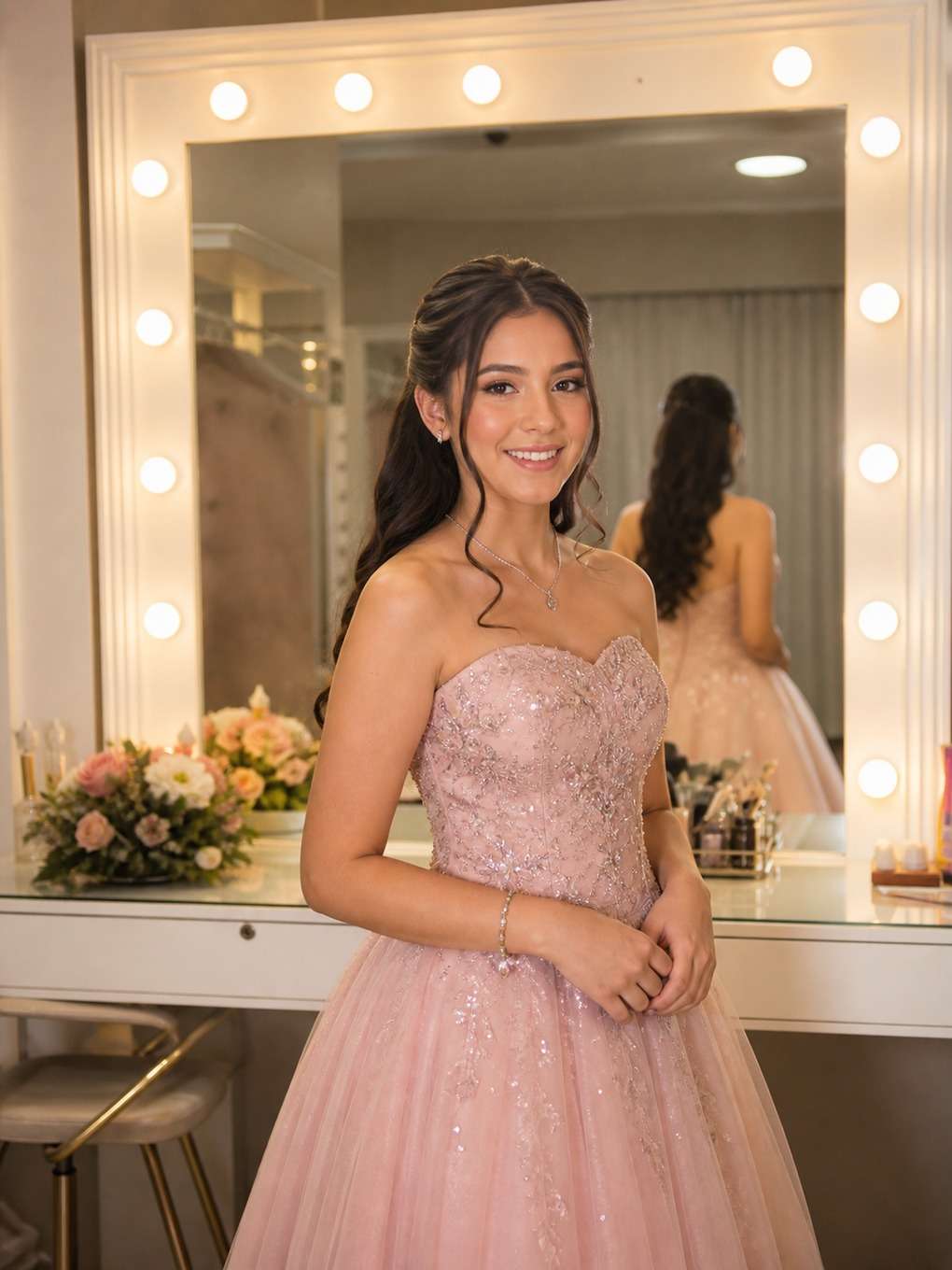 retrato no espelho - exemplo de prompts para maquiagem de debutante