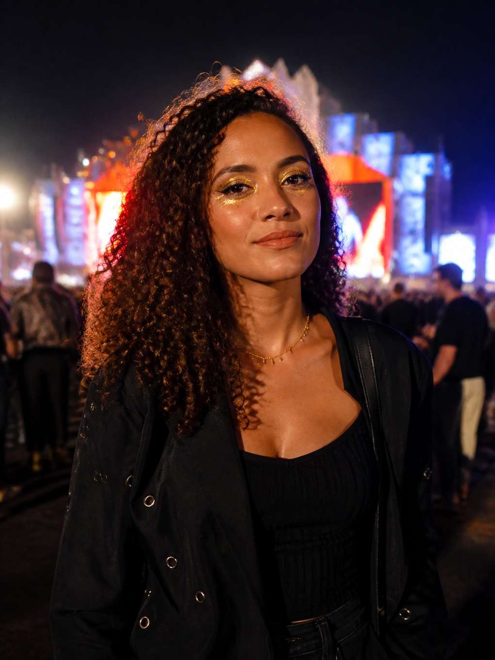 cabelo cacheado e brilho dourado - exemplo de prompts para maquiagem rock in rio