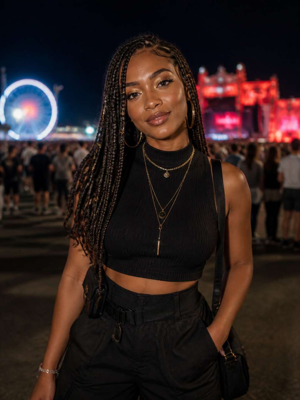 pele retinta com brilho sofisticado - exemplo de prompts para maquiagem rock in rio