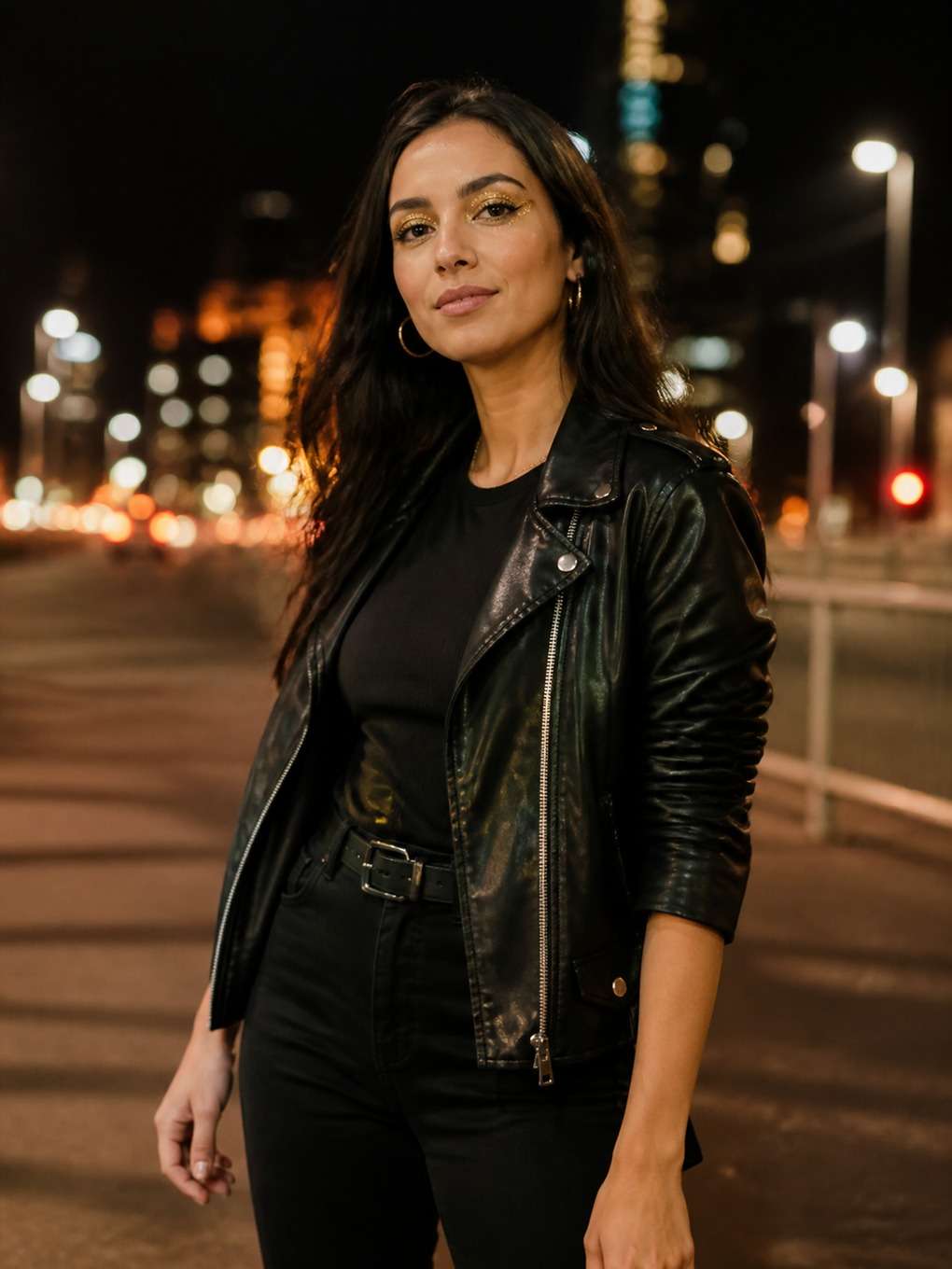 look com jaqueta preta e brilho - exemplo de prompts para maquiagem rock in rio