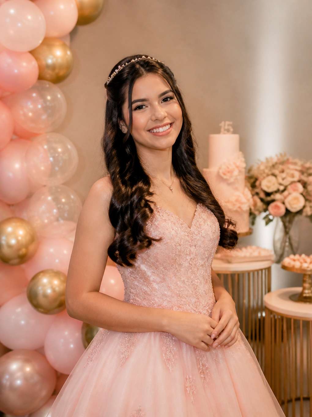 balões elegantes - exemplo de prompts para penteados de debutante