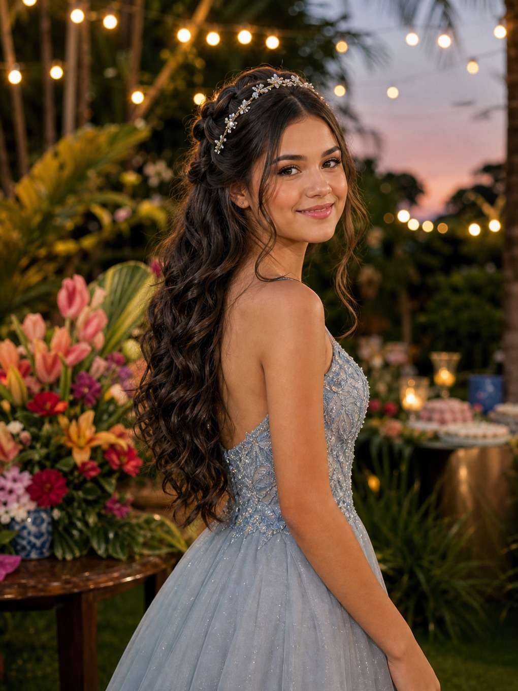 jardim iluminado - exemplo de prompts para penteados de debutante