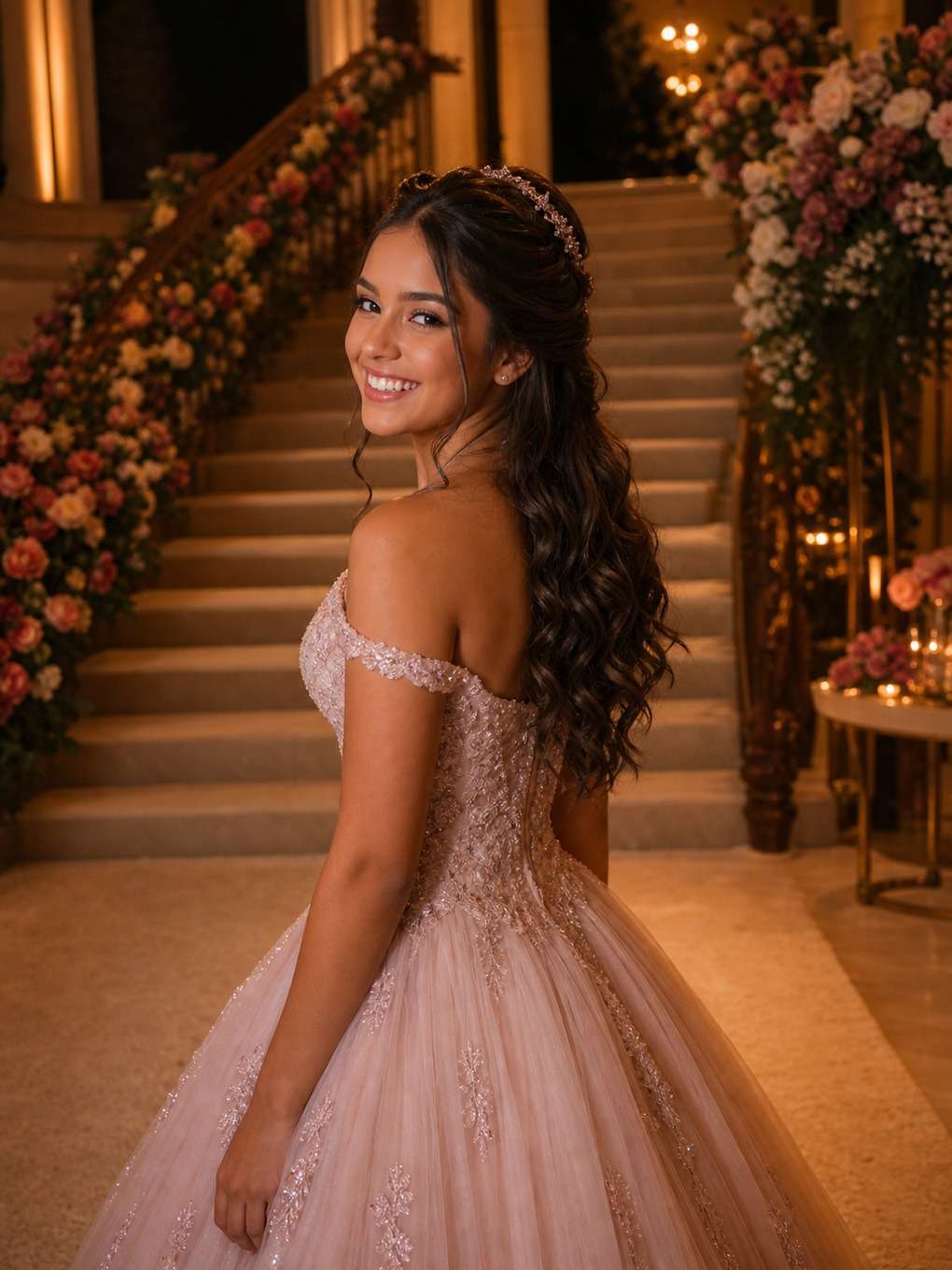 escadaria de festa - exemplo de prompts para penteados de debutante